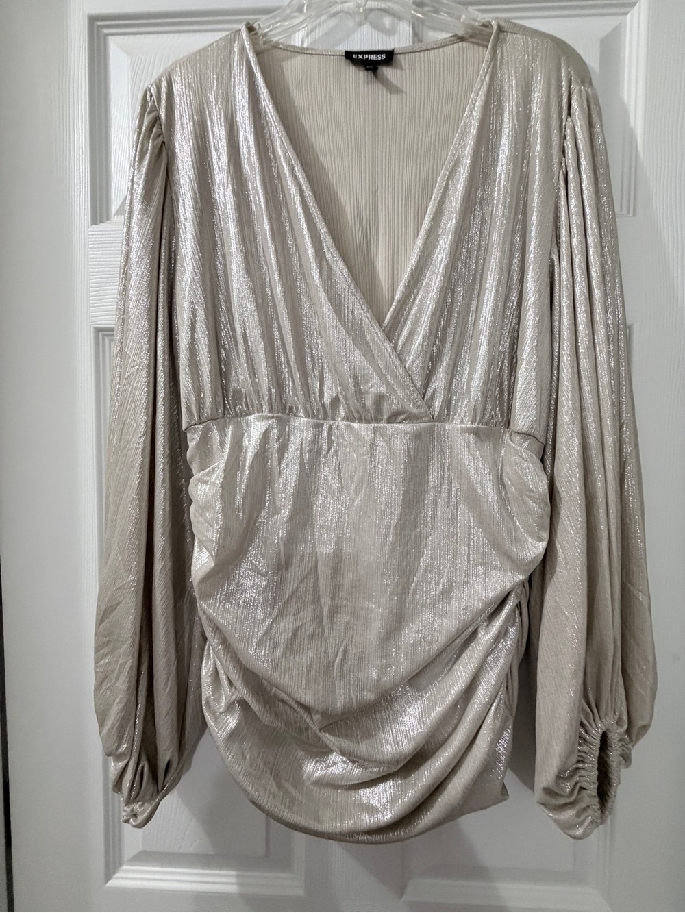 Express Metallic Cream Surplice Blouson Long-Sleeve Top